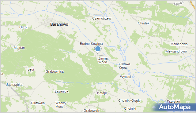 mapa Zimna Woda, Zimna Woda gmina Baranowo na mapie Targeo